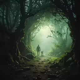 a person walking on a path between two forest trees
