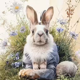 a white rabbit with brown ears and his hands folded