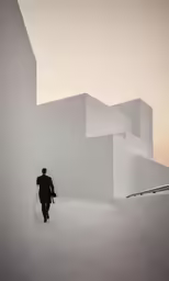 a person in a black suit walks along a white wall