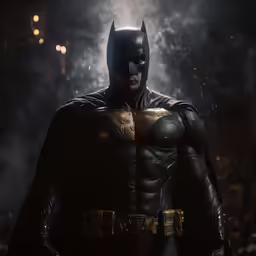 a man in a batman costume stands in the fog