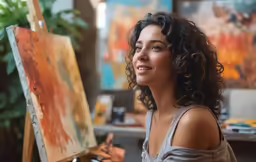 a smiling woman holding an art piece in her hands