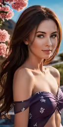 a woman wearing a purple swimsuit near some pink flowers