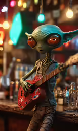 a statue of a man playing a guitar and wearing an alien costume