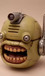 a toy robot head that has teeth and a radio in its mouth
