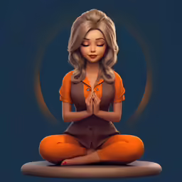 a woman in orange dress and an orange top meditates