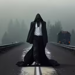 man wearing dark clothing walking along a road