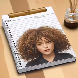 a spiral - bound notebook with a portrait of a girl on it, next to a cup of coffee