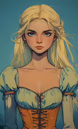 the blonde haired woman is wearing blue and white clothing