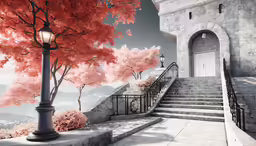 a set of steps to a castle like building with a streetlight on it