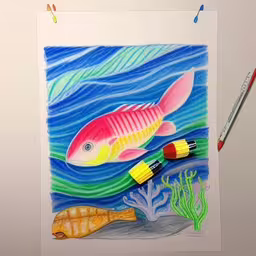 a drawing of a fish and some colored pencils,a drawing with two brushes in front of some drawings