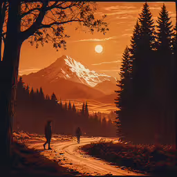 two people on a road by some trees,the man and woman are walking down the dirt road