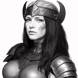 a black and white image of a woman wearing armor