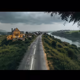 the view from above a hill looking at a house on a river