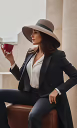 a woman in a hat holding up her cup
