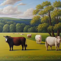 a painting of cows and sheep in the grass,a painting of sheep in a field of green grass