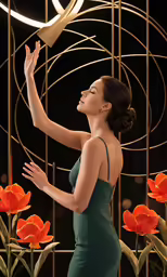 a woman in a green dress is holding her hand up