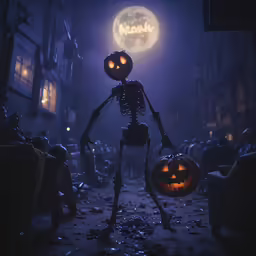 a skeleton in a halloween costume is walking down the street