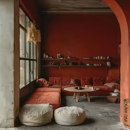 a living area with red walls and lots of furniture