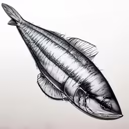 a drawing of a fish, it is black and white
