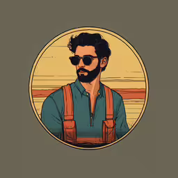 a man with suspenders and glasses looks into the camera,the artist is looking into the camera and he has sunglasses on
