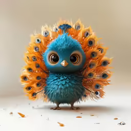 blue and orange toy with big eyes sitting in front of white background