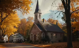 a church in the woods with autumn foliage