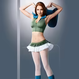a woman wearing a green top and white skirt posing with her hands on her hips