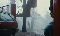the woman sits on the car waiting for the light to turn on