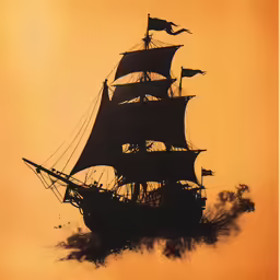 a sailing ship with three masts, floating in the water