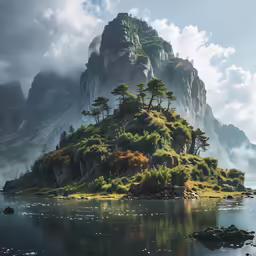 a landscape of a mountain, island, and trees