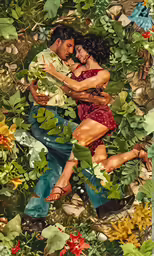 the man and woman hug together as they sit in some leaves