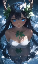 a sexy young woman in a white bikini and some horns on her head