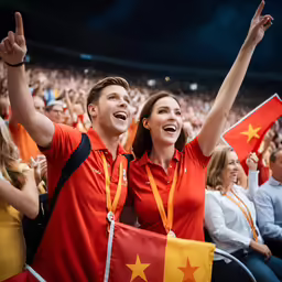 a couple of people are holding flags together