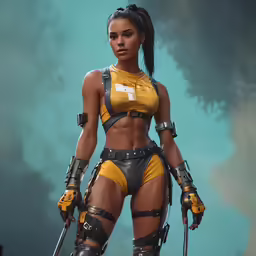 an illustration of a woman in a costume with metal equipment