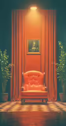 an orange chair is shown in front of a red curtain