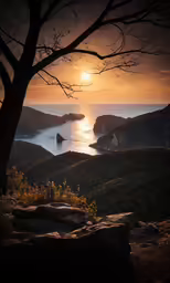 a sunset from the mountain near some trees
