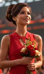 the woman in a red dress is holding a bouquet of flowers