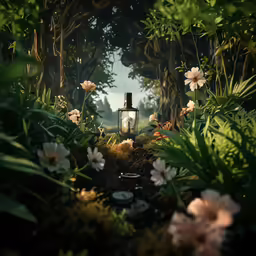 a lantern is in the middle of flowers and greenery