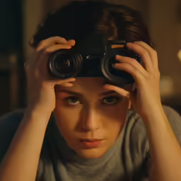 a girl is holding some type of device in front of her head