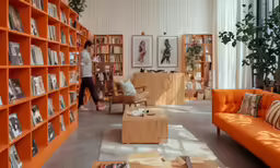 an orange sofa and coffee table in the library