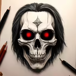 a drawing with a skull and red eyes