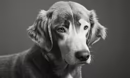 a big gray dog has his eyes open