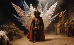 an image of a man with wings on his head walking away from a crowd