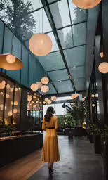 a woman is walking through a dimly lit lobby