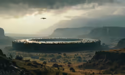 a large bird flying over a rocky landscape