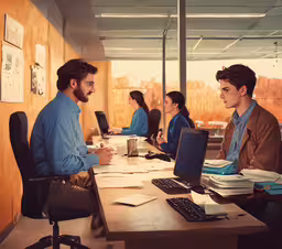 there are people sitting at a table with computers,people at desks with computers in an office setting