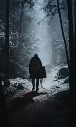 there is a man with a back pack walking through the woods