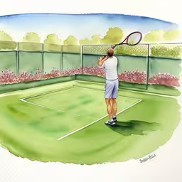 a watercolor drawing of a tennis player on a tennis court,a tennis player swinging a tennis racket on a grass court,a man swings his tennis racket at the ball,watercolor of man on tennis court with ball and racket,a watercolor drawing of a man playing tennis on a grass court