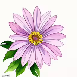 a drawing of a single purple flower with green leaves,the painting shows a pretty flower, which is very colorful