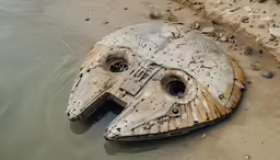 an abandoned star wars replica lying in water